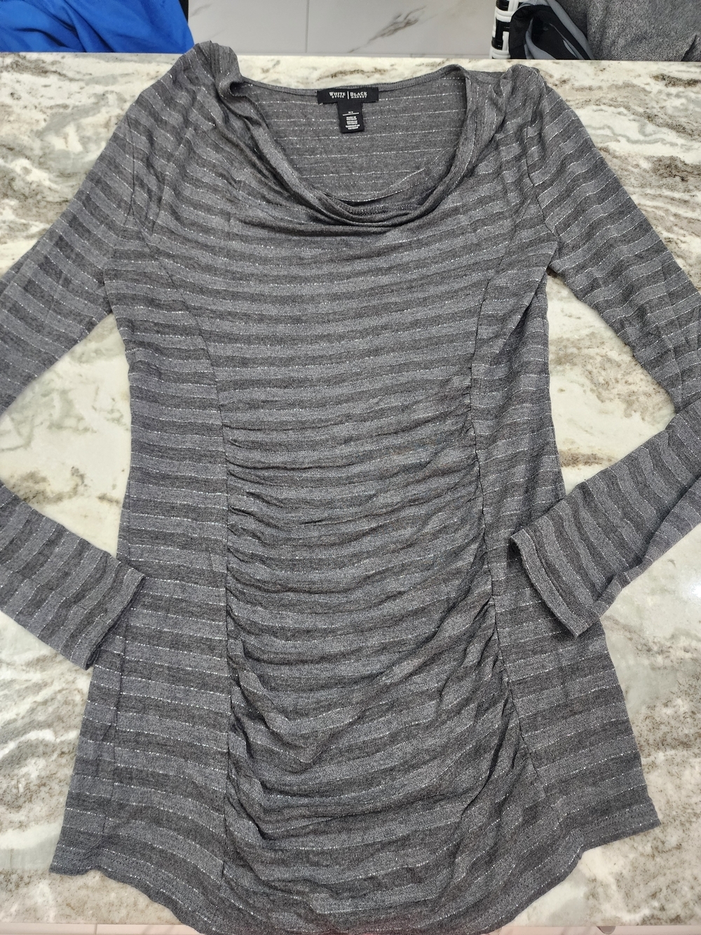White House Black Market Silver-Gray Striped Ruched Cowl Long-Sleeve Top